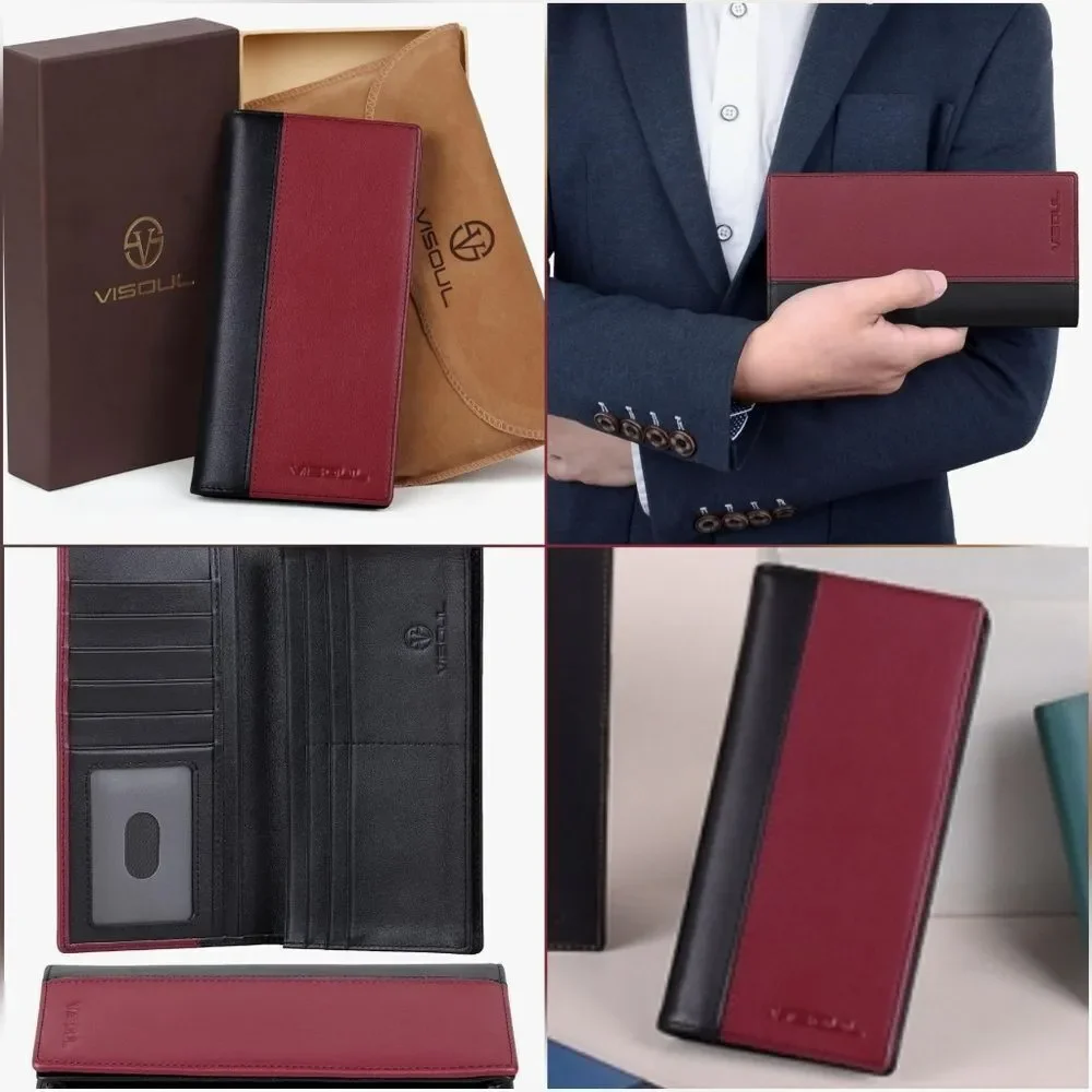 🩵⏭️NIB Black & Burgundy Italian Leather RFID Blocking Long Bi-Fold Wallet